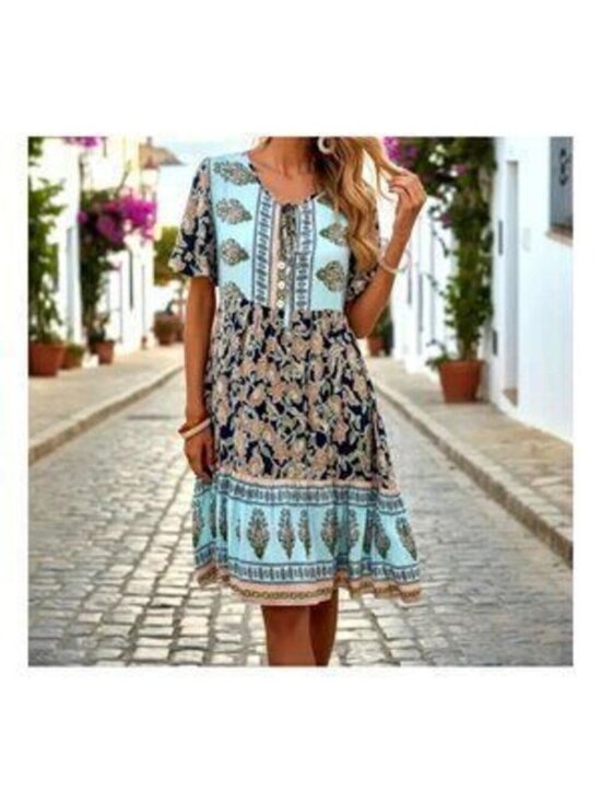Dresses & Skirts - Small Boho Paisley Split Neck Mini Dress Half Sleeve Lightweight Babydoll Shein